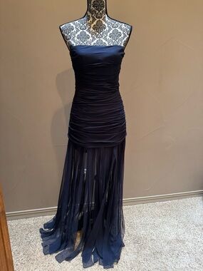 BCBG Strapless Navy Ruched Sheer Panel Evening Dress